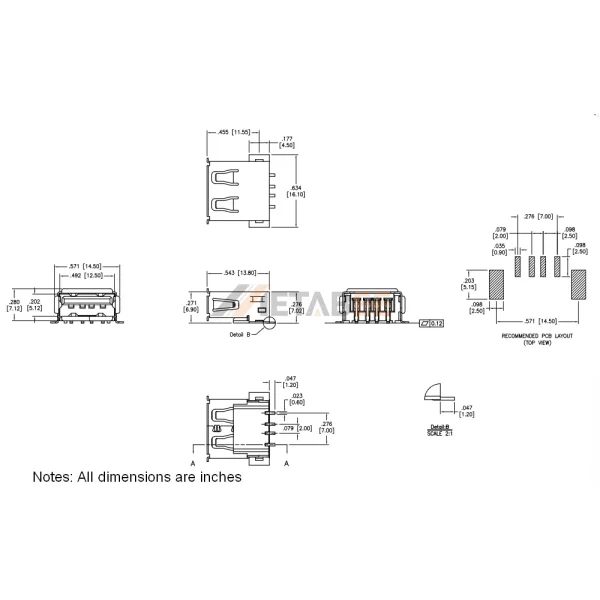 USB 2.0 Type A Jack, 4 Pin, SMT, RA