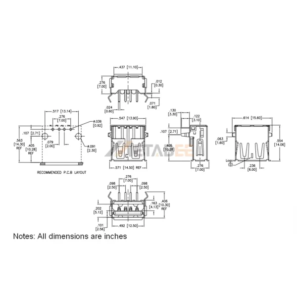 USB 2.0 Type A Jack, 4 Pin, Thru-Hole, RA