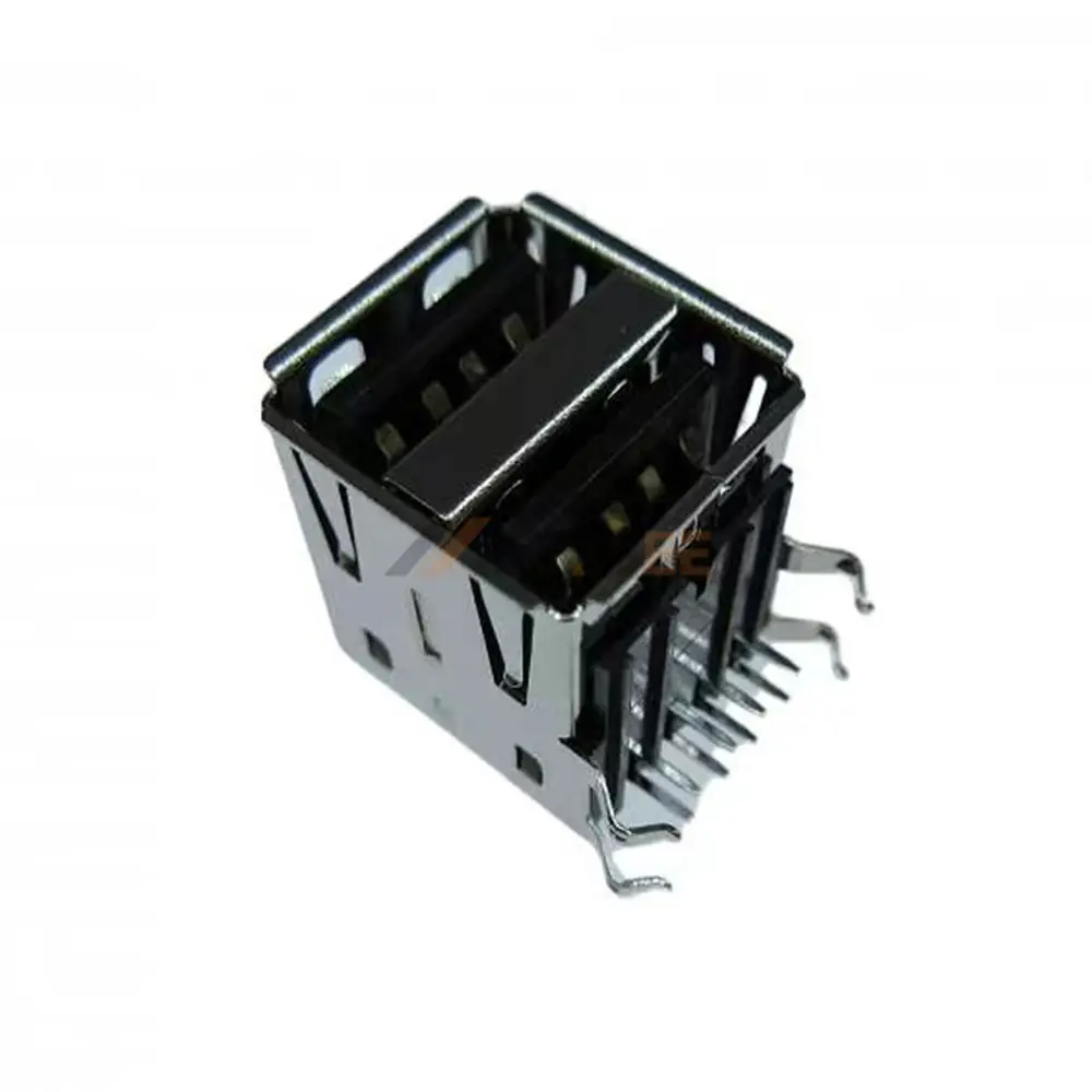 USB 2.0 Type A Jack Connector, Solder, 8 Pin, Dual Port, Thru-Hole, RA