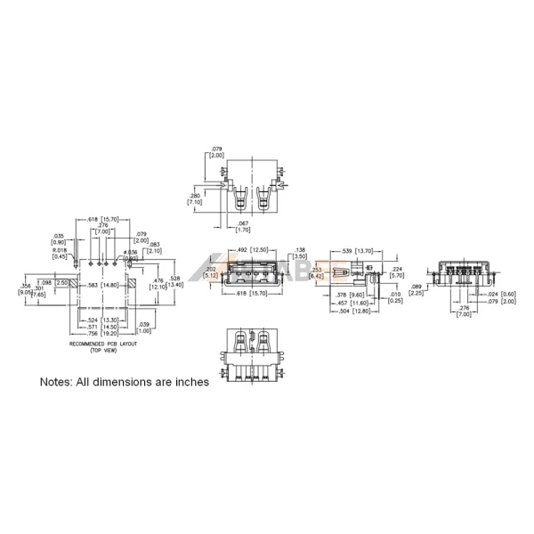USB 2.0 Type A Receptacle, 4 Pin, PCB Edge Mount, 90 degree