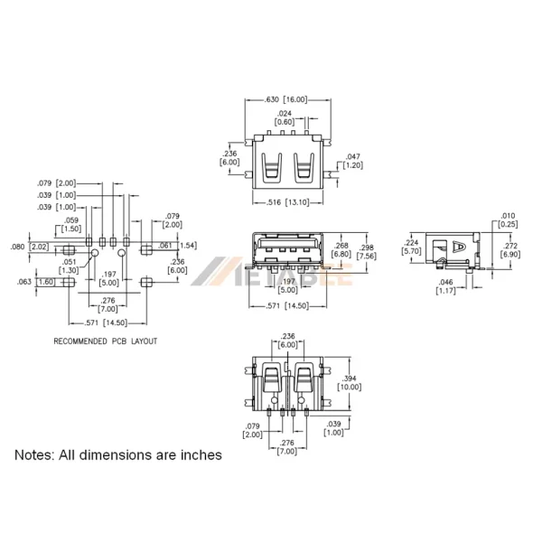 USB 2.0 Type A Receptacle, 4 Pin, SMT, RA