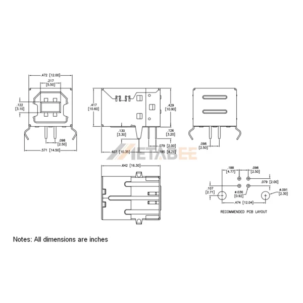 USB 2.0 Type B Receptacle, 4 Pin, PCB Mount, THT, RA