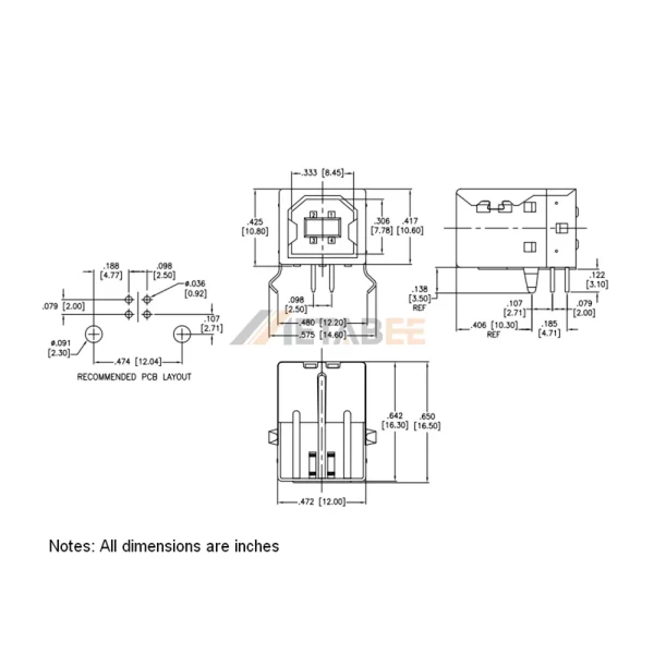 USB 2.0 Type B Receptacle, 4 Pin, PCB Thru-Hole, RA