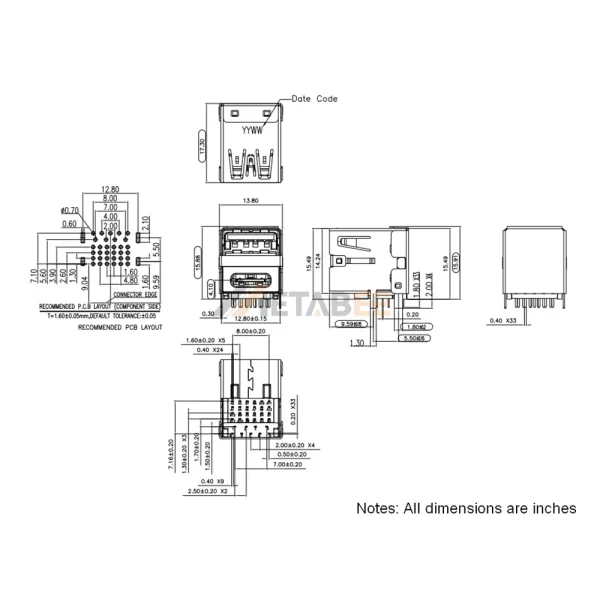 USB 3.0 Receptacle, Stacked Type-A over Type C, 9+24 Pin, PCB Thru-Hole, RA