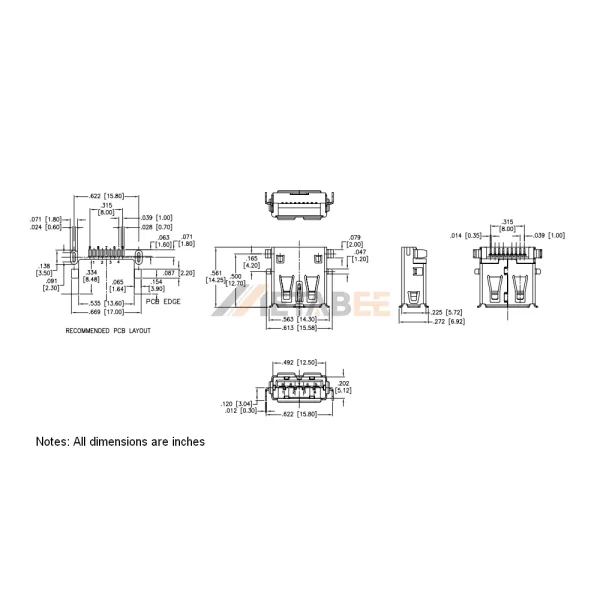USB 3.0 Type A Female Connector, 9 Pin, PCB SMT, RA