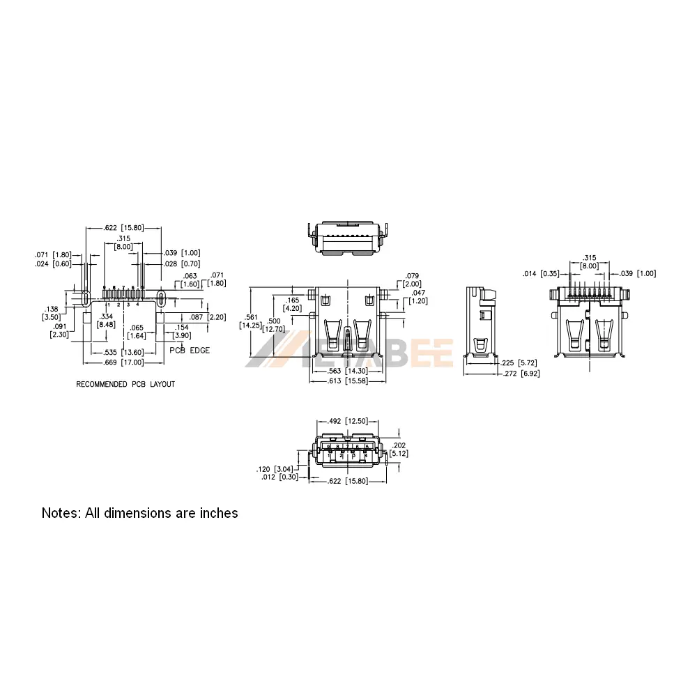 USB 3.0 Type A Female Connector, 9 Pin, PCB SMT, RA