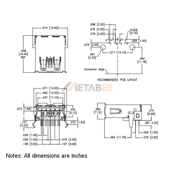 USB 3.0 Type A Receptacle, 9 Pin, PCB Mount, DIP, Right Angle