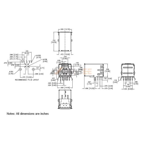 USB 3.0 Type B Receptacle, 9 Pin, PCB Thru-Hole, R/A