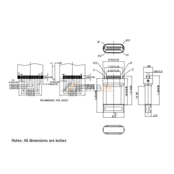 USB 3.1 Connector, Type C Plug, 12 Pin, 10 Gbps, Vertical