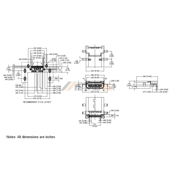USB 3.1 Female Connector, Type C, 24 Pin, 10 Gbps, PCB Edge Mount, RA