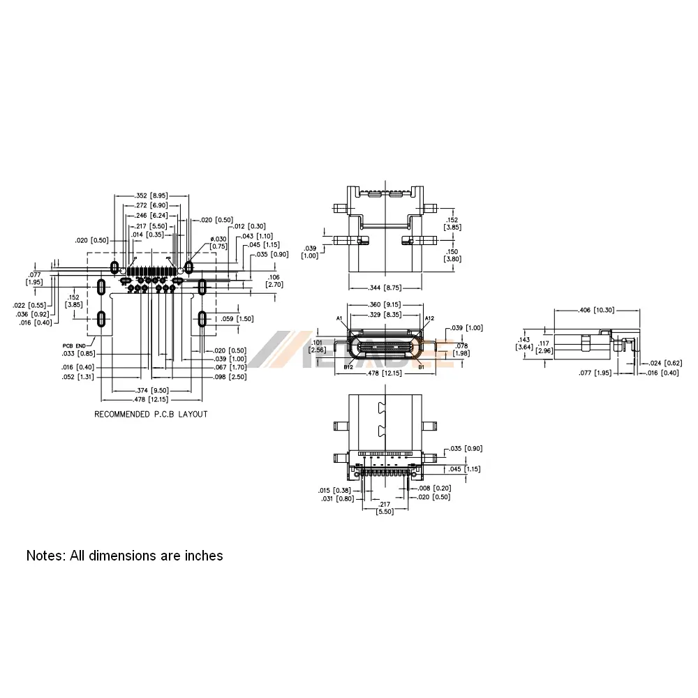 USB 3.1 Female Connector, Type C, 24 Pin, 10 Gbps, PCB Edge Mount, RA