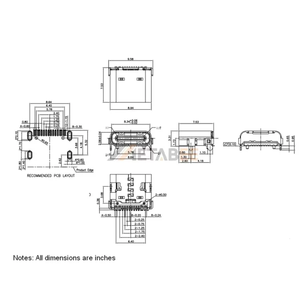 USB 3.1 Gen2 Type C Female Connecto, 24 Pin, 10 Gbps, RA