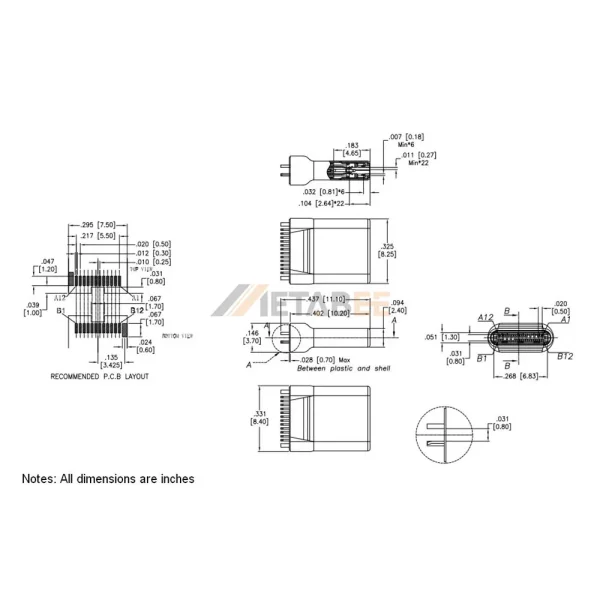 USB 3.1 Type C Connector, Plug, 12 Pin, 10 Gbps, Vertical