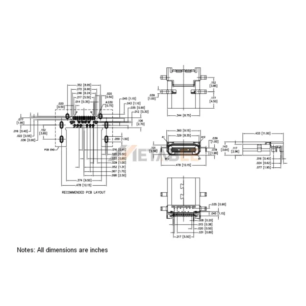 USB 3.1 Type C Connector, Receptacle, 24 Pin, 10 Gbps, PCB Edge Mount, RA