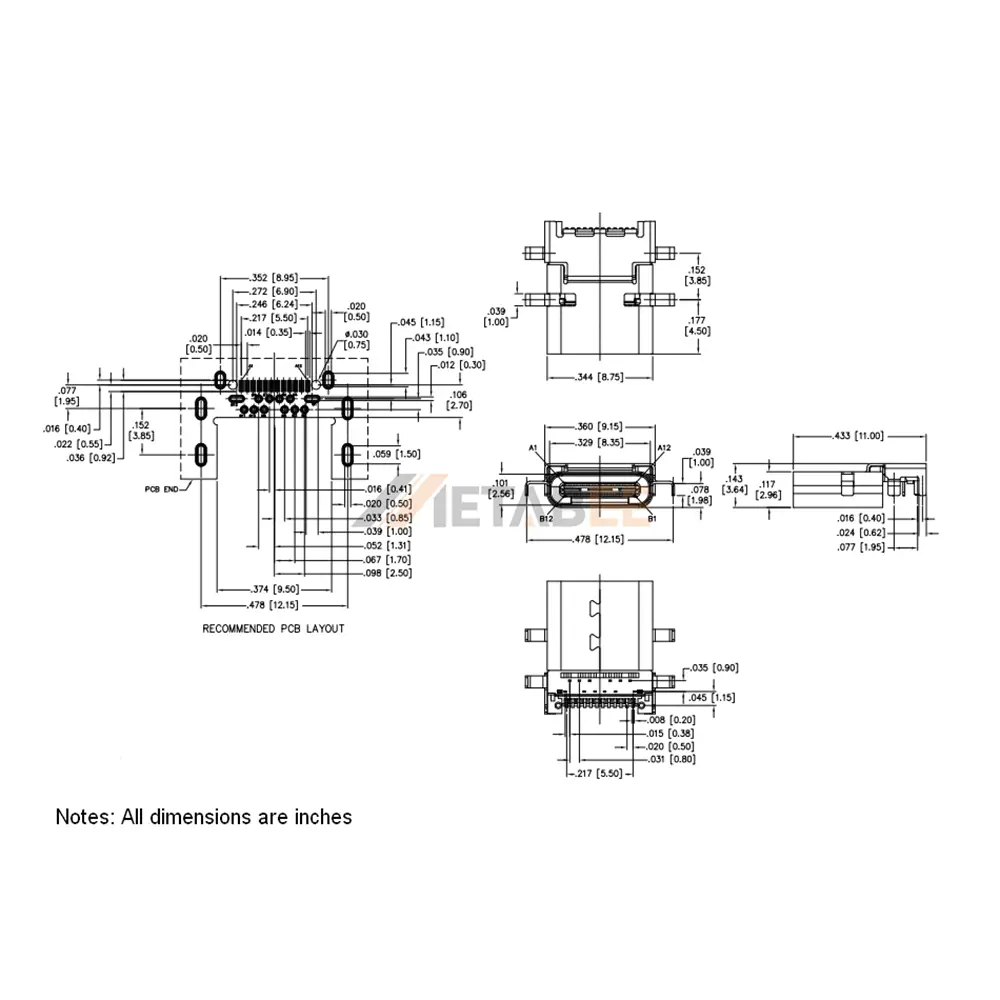 USB 3.1 Type C Connector, Receptacle, 24 Pin, 10 Gbps, PCB Edge Mount, RA