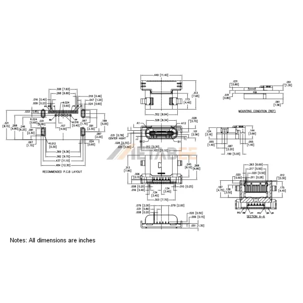 USB 3.1 Type C Female Connector, 24 Pin, 10 Gbps, PCB Edge Mount, RA