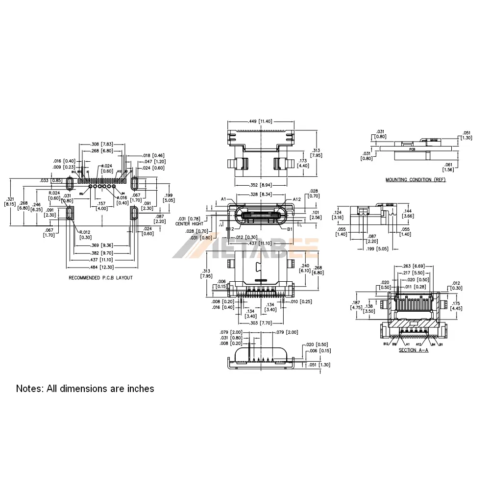 USB 3.1 Type C Female Connector, 24 Pin, 10 Gbps, PCB Edge Mount, RA