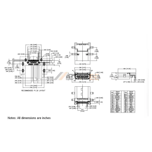 USB 3.1 Type C Female Connector, 24 Pin, 10 Gbps, PCB Mount, SMT, RA