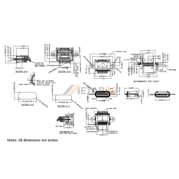 USB 3.1 Type C Female Connector, 24 Pin, 10 Gbps, PCB Mount, SMT, RA, Waterproof