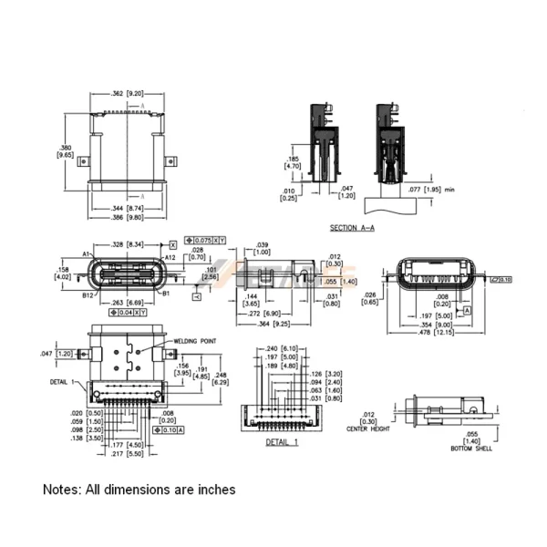 USB 3.1 Type C Female Connector, 24 Pin, 10 Gbps, SMT, RA, Waterproof