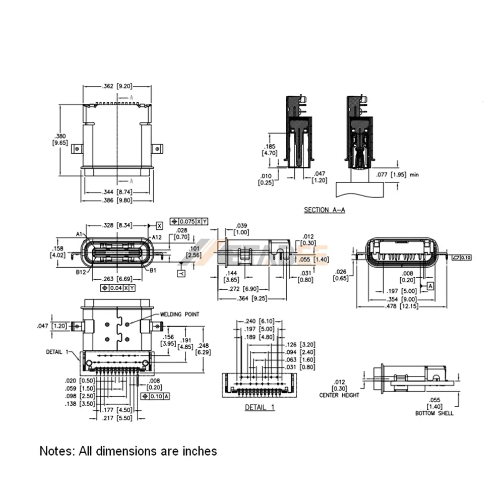 USB 3.1 Type C Female Connector, 24 Pin, 10 Gbps, SMT, RA, Waterproof