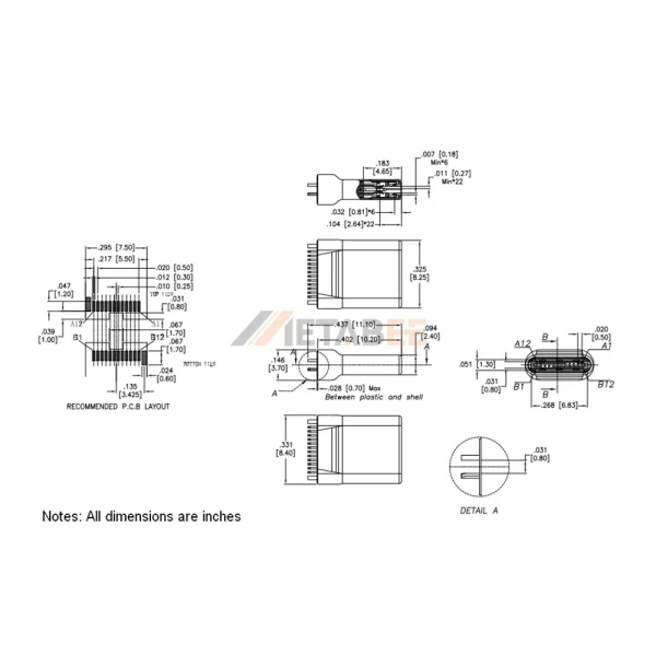 USB 3.1 Type C, Male Plug, 12 Pin, 10 Gbps, Vertical