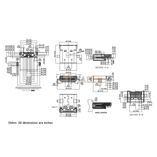 USB 3.1 Type-C Receptacle, 24 Pin, 10 Gbps, PCB Edge Mount, RA