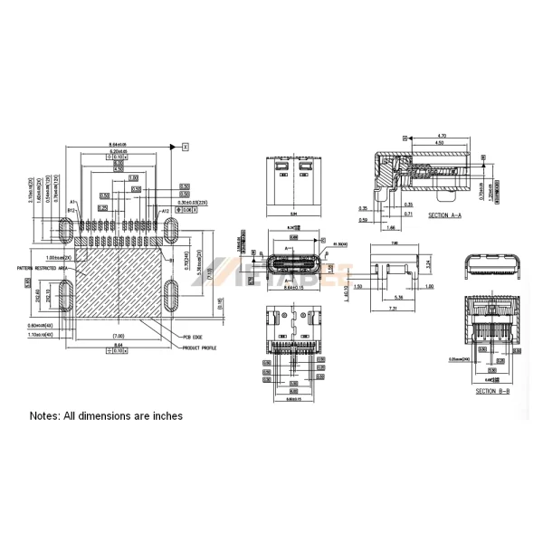 USB 3.1 Type C Receptacle, 24 Pin, 10 Gbps, PCB Surface Mount, Right Angle