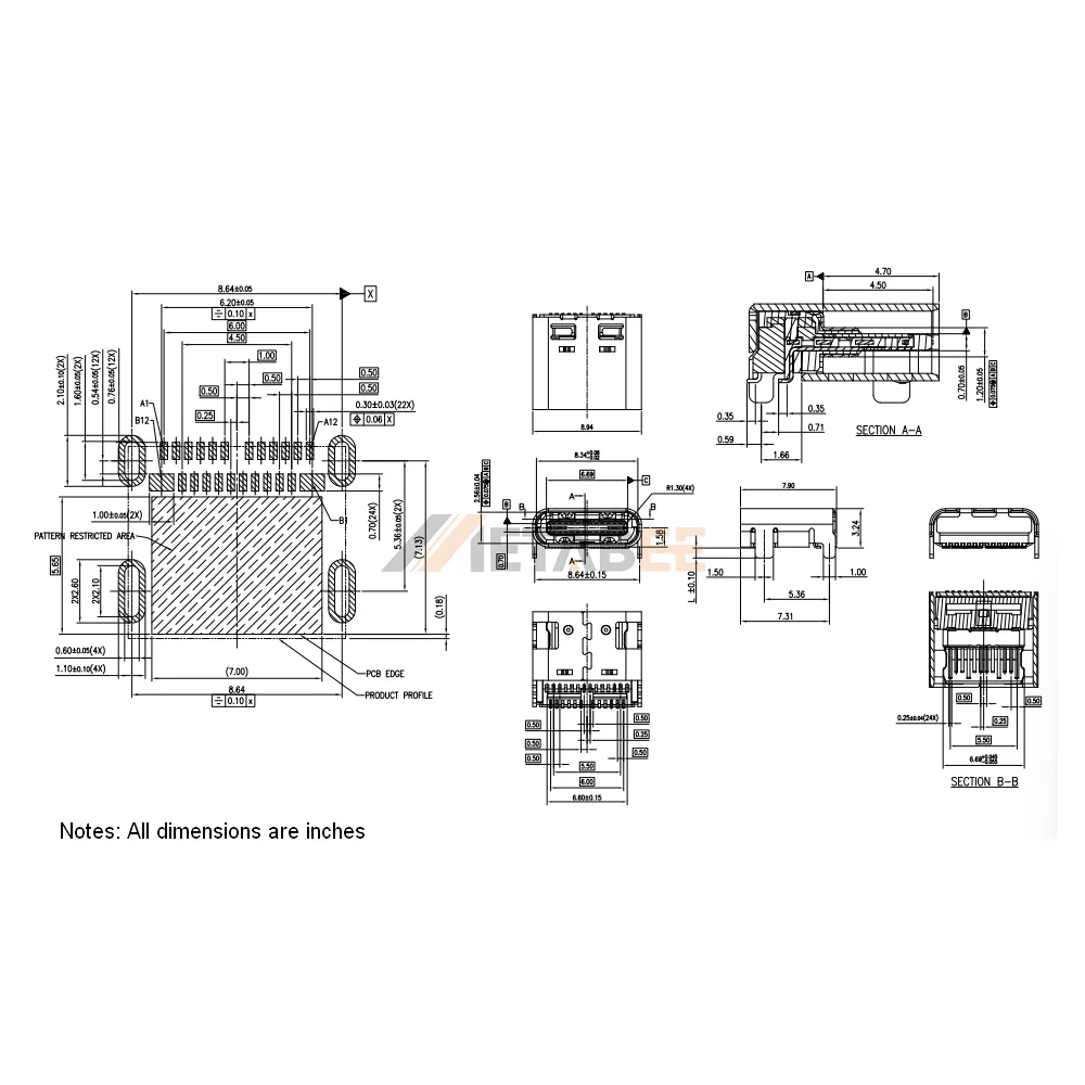USB 3.1 Type C Receptacle, 24 Pin, 10 Gbps, PCB Surface Mount, Right Angle