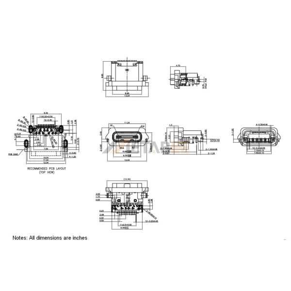 USB 3.1 Type C Receptacle, 24 Pin, 10 Gbps, PCB Through Hole, Right Angle, Waterproof