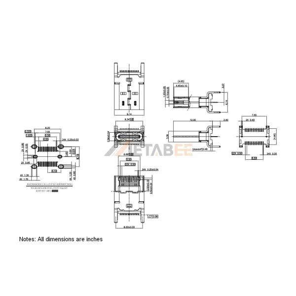 USB 3.1 Type C Receptacle, 24 Pin, 10 Gbps, PCB Through Hole, Vertical