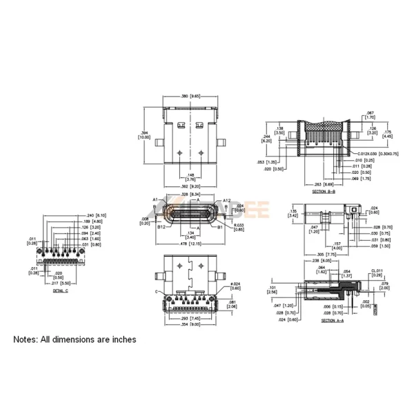 USB 3.1 Type C Socket, 24 Pin, 10 Gbps, PCB Mount, Edge Mount, RA