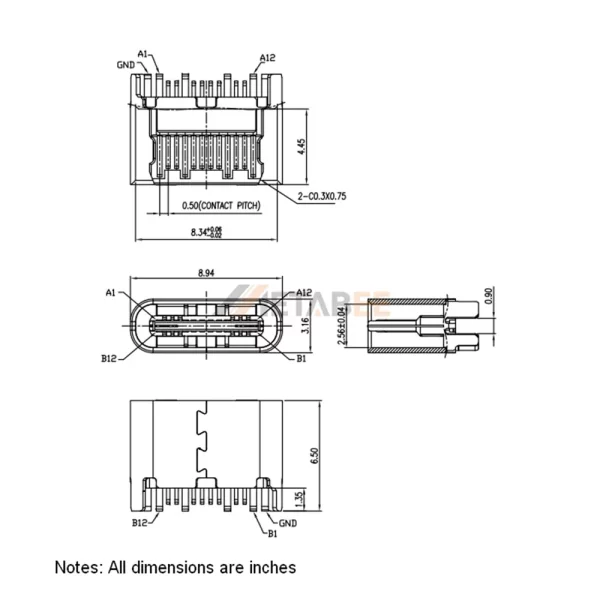USB 3.2 Female Connector, Type C, 24 Pin, 10 Gbps, PCB Mount, Right Angle