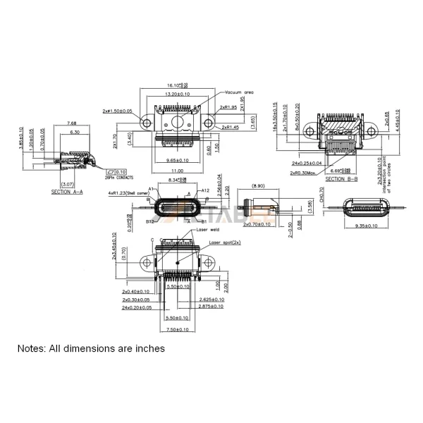 USB 3.2 Gen 2 Type C Socket, 24 Pin, 10 Gbps, R/A, Waterproof