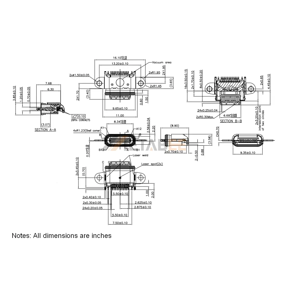 USB 3.2 Gen 2 Type C Socket, 24 Pin, 10 Gbps, R/A, Waterproof