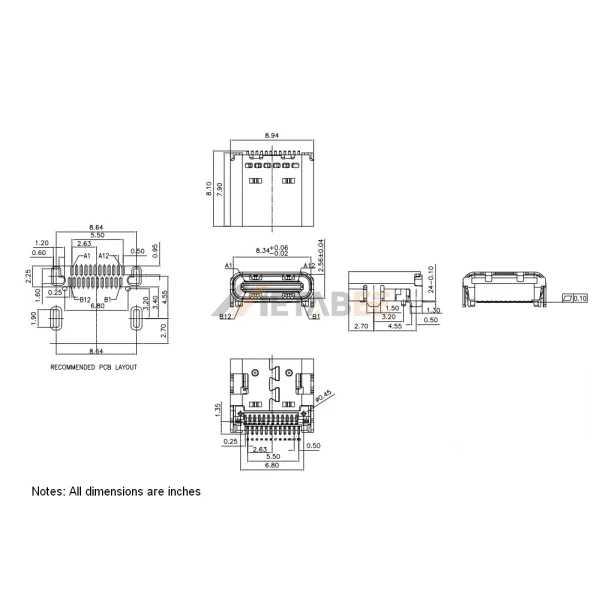 USB 3.2 Type C Socket, 24 Pin, 10 Gbps, PCB Mount, SMT, RA