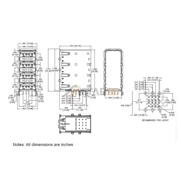 USB-A 2.0 Female Connector, 16 Pin, Quad Port, PCB Thru-Hole, RA