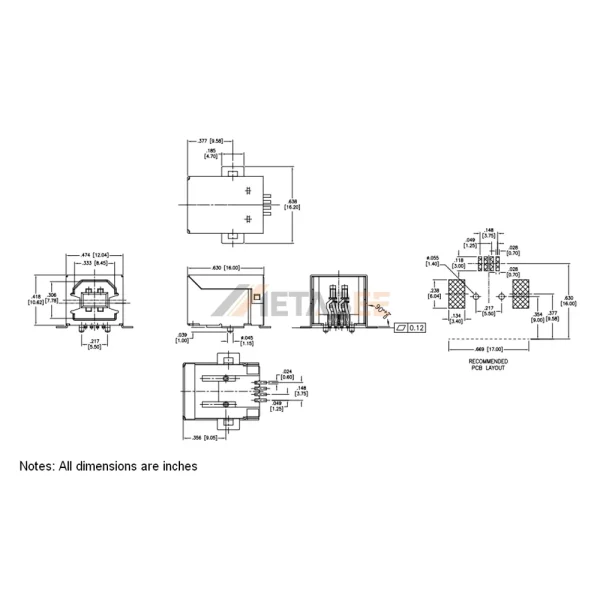 USB-B 2.0 Female Connector, 4 Pin, PCB SMT, RA