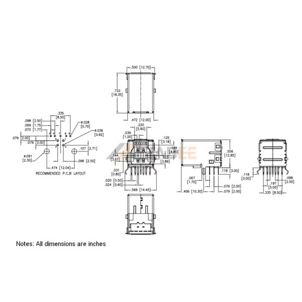 USB-B 3.0 Receptacle, 9 Pin, PCB Mount, THM, Right Angle