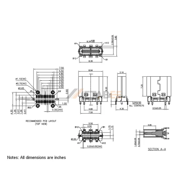 USB-C 3.1 Connector, Receptacle, 24 Pin, 10 Gbps, Vertical