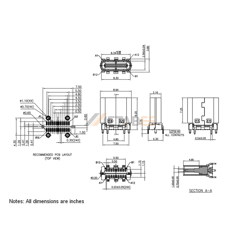 USB-C 3.1 Connector, Receptacle, 24 Pin, 10 Gbps, Vertical