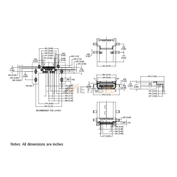 USB-C 3.1 Receptacle, 24 Pin, 10 Gbps, PCB Mount, Edge Mount, RA