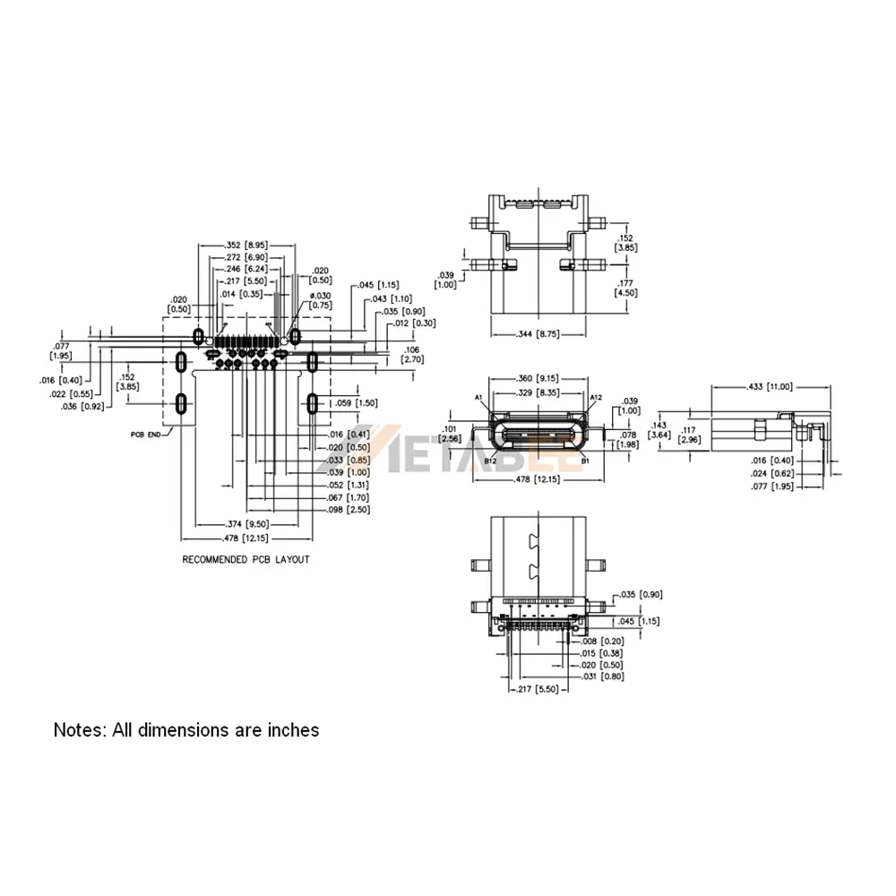 USB-C 3.1 Receptacle, 24 Pin, 10 Gbps, PCB Mount, Edge Mount, RA