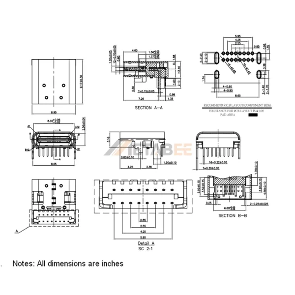 USB-C 3.1 Receptacle, 24 Pin, 10 Gbps, PCB Through Hole, Right Angle