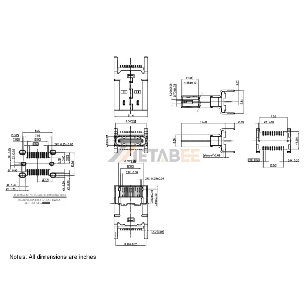 USB-C 3.1 Receptacle, 24 Pin, 10 Gbps, Vertical