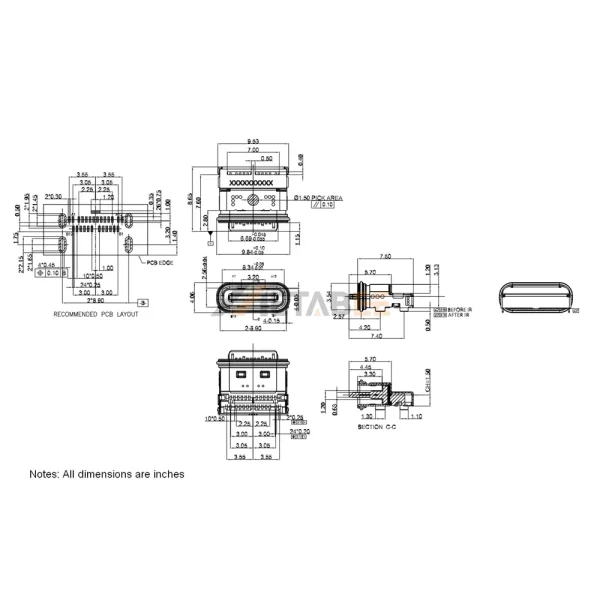 USB-C 3.2 Gen 2 Receptacle, 24 Pin, 10 Gbps, PCB Mount, RA, Waterproof