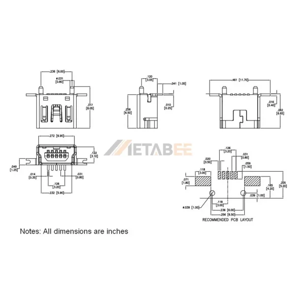 Vertical Mini USB 2.0 Type-B Receptacle, 5 Pin, PCB Mount, SMT