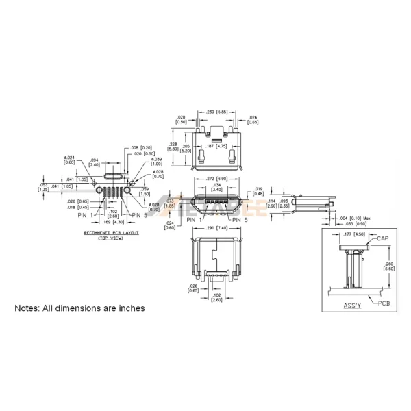 Vertical USB 2.0 Micro-B Female Connector, 5 Pin, PCB Surface Mount