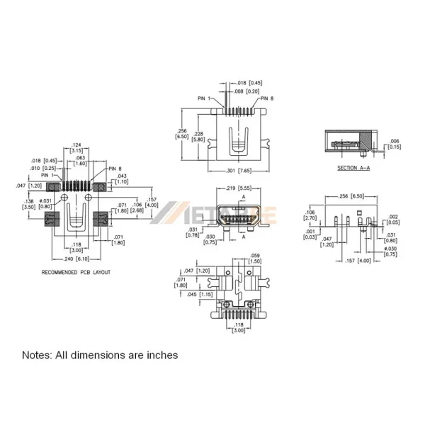 Vertical USB 2.0 Mini-B Receptacle, 5 Pin, PCB Thru-Hole