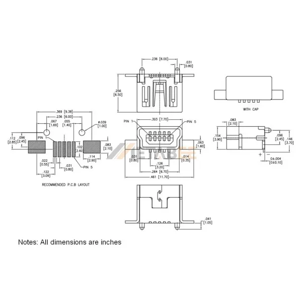 Vertical USB 2.0 Mini-B Receptacle, 5 Pin, Surface Mount